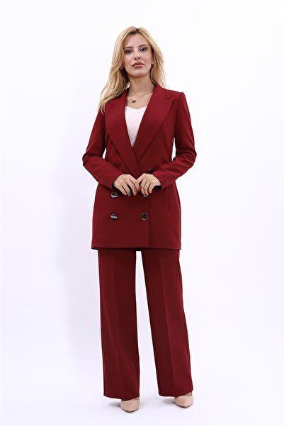 ÖNDER ÖZSOY Uzun Klasik Blazer Ceket & Bol Paça Pantolon Takım-Bordo