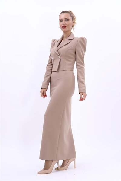 ÖNDER ÖZSOY Shirt Collar Short Jacket & Long Straight Tight Skirt-Stone - 105...