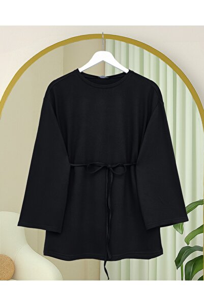 Modamorfo Round Neck Tie-Waist Combed Cotton Tunic -Black