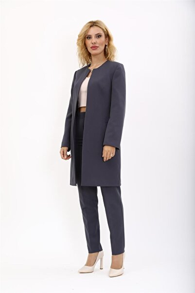 ÖNDER ÖZSOY Zero Collar Plain Long Jacket & Skinny Leg Pants - Smoked - 1005510