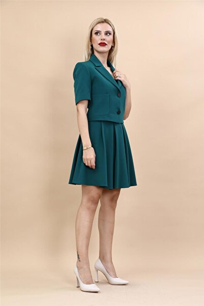 ÖNDER ÖZSOY V Yaka Kısa Ceket & Kısa Kloş Etek-Petrol