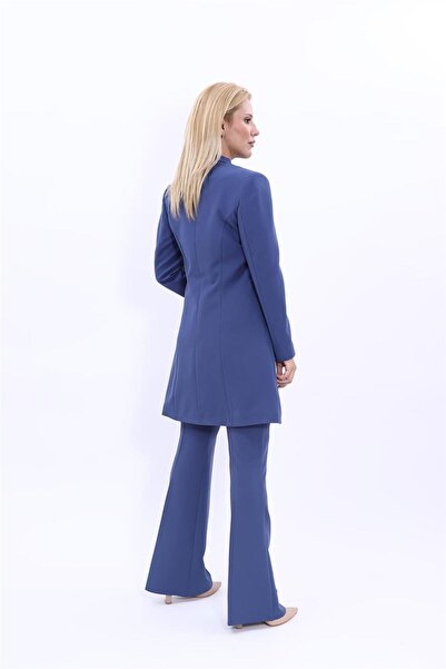 ÖNDER ÖZSOY Kendinden Dik Yakalı Tek Düğmeli Uzun Ceket & İspanyol Paça Pantolon-İndigo