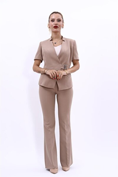 ÖNDER ÖZSOY Hakim Yaka Yandan Tokalı Çapraz Ceket & İspanyol Paça Pantolon-Taş