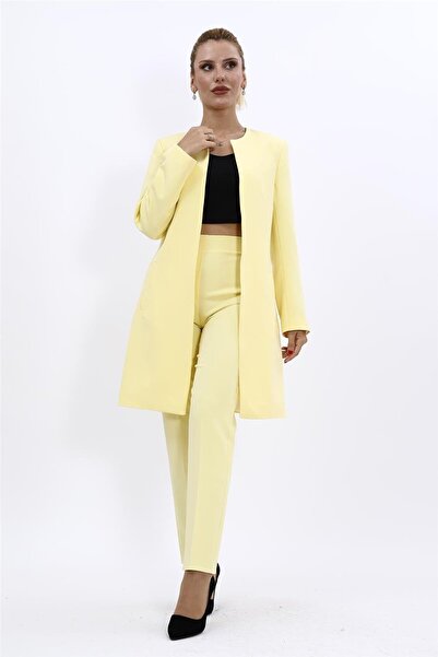 ÖNDER ÖZSOY Zero Collar Plain Long Jacket & Skinny Leg Trousers-Yellow - 1005510