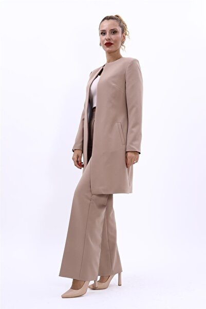 ÖNDER ÖZSOY Sıfır Yaka Düz Uzun Ceket & Bol Paça Pantolon-Taş