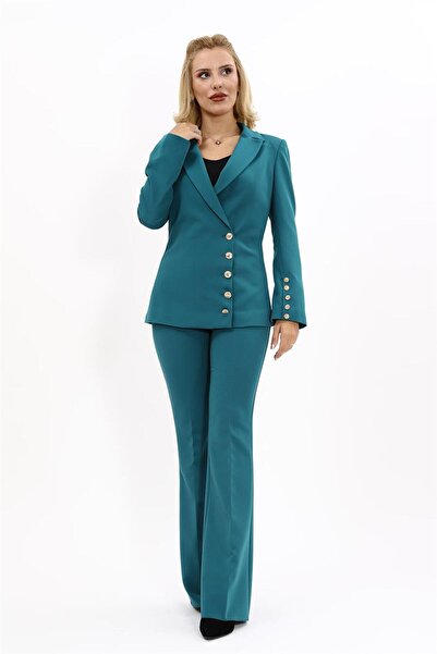 ÖNDER ÖZSOY Erkek Yaka Düğme Detaylı Ceket & İspanyol Paça Pantolon-Petrol