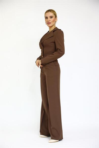 ÖNDER ÖZSOY Trenç Yaka Ceket & Yüksek Bel Bol Paça Pantolon Takım-Kestane