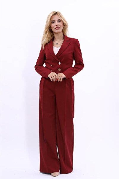 ÖNDER ÖZSOY Mini Blazer Ceket & Yüksek Bel Pileli Bol Paça Pantolon Takım-Bordo