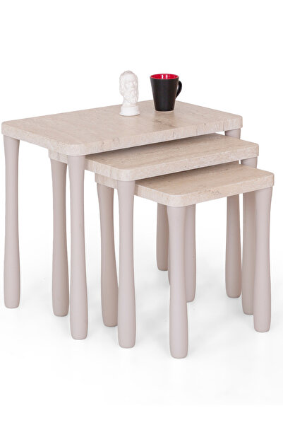 Mobievim Eylül 3’lü Zigon Sehpa Seti – Traverten MDF Üst Tabla, Gürgen Ahşap ...