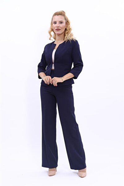 Oval Neck Short Jacket & Wide Leg Pants Set-Navy