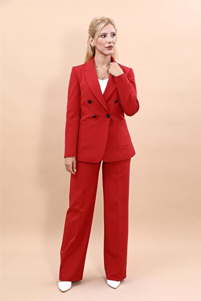 ÖNDER ÖZSOY Cep Torbalı Ceket & Bol Paça Pantolon Takım-Kırmızı