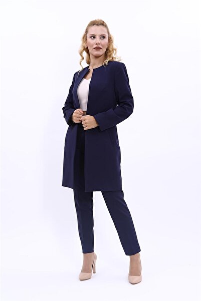 ÖNDER ÖZSOY Sıfır Yaka Düz Uzun Ceket & Dar Paça Pantolon-Lacivert