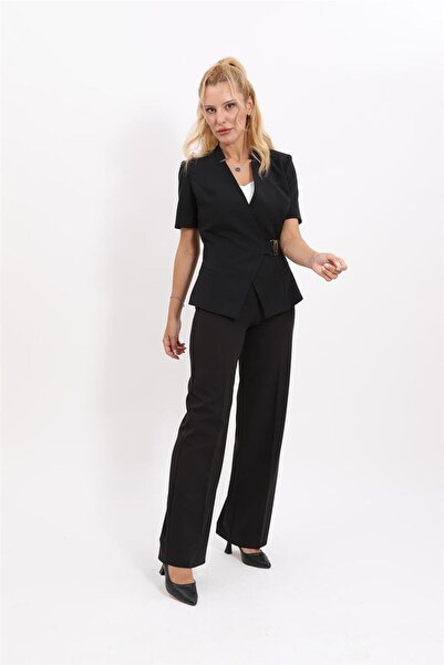 ÖNDER ÖZSOY Tokalı Kısa Kollu Ceket & Bol Paça Pantolon Takım-Siyah