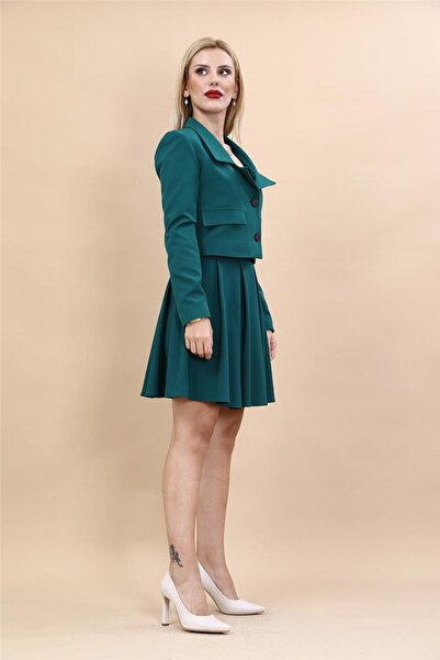 ÖNDER ÖZSOY Gömlek Yaka Kısa Ceket & Kısa Kloş Etek-Petrol