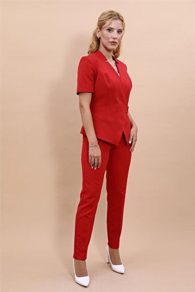 ÖNDER ÖZSOY Tokalı Kısa Kollu Ceket & Boru Paça Pantolon Takım-Kırmızı
