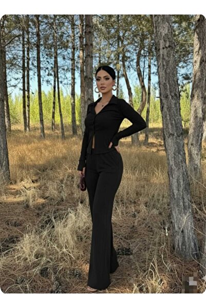 aytenli Polo Collar Half-Button Closure Finger-Loop Blouse Elasticized Size Pocketed Flowy Pants Set