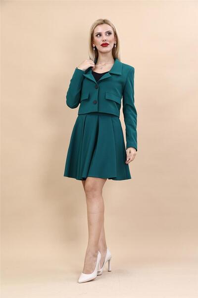 ÖNDER ÖZSOY Gömlek Yaka Kısa Ceket & Kısa Kloş Etek-Petrol