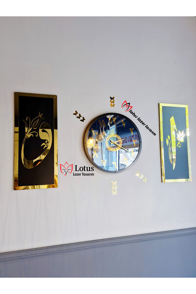 LotusLazer Tasarım 60 cm Arapça Rakamlı Duvar Saati + 2'li Elif Vav Dekor Tab...