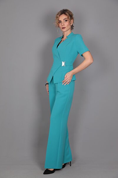 ÖNDER ÖZSOY Tokalı Kısa Kollu Ceket & Yüksek Bel Bol Paça Pantolon Takım-Turkuaz