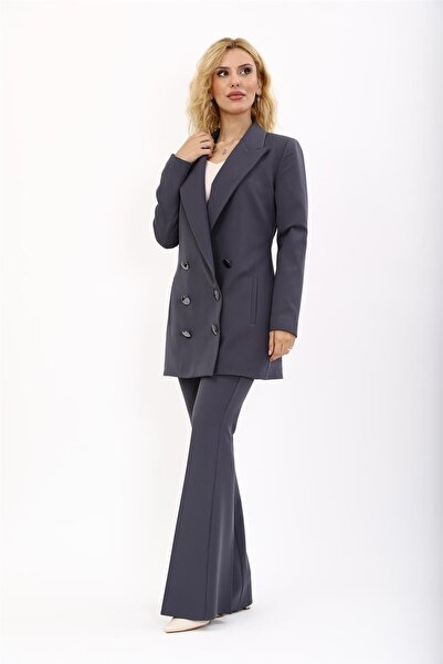 ÖNDER ÖZSOY Uzun Klasik Blazer Ceket & İspanyol  Paça Pantolon Takım-Füme