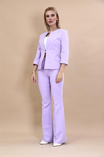 ÖNDER ÖZSOY Sıfır Yaka Düz Kısa Ceket & İspanyol Paça Pantolon-Menekşe