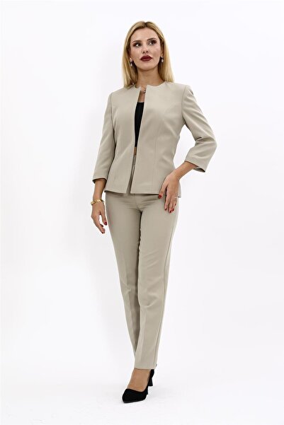 ÖNDER ÖZSOY Sıfır Yaka Düz Kısa Ceket & Bol Paça Pantolon Takım-Bambu