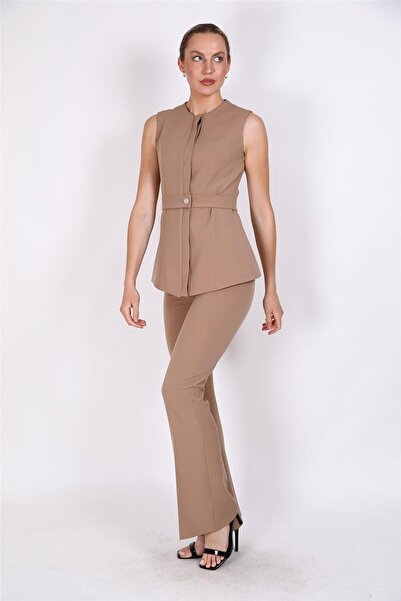 ÖNDER ÖZSOY Zero Neckline Belted Vest & Spanish Leg Pants-Stone