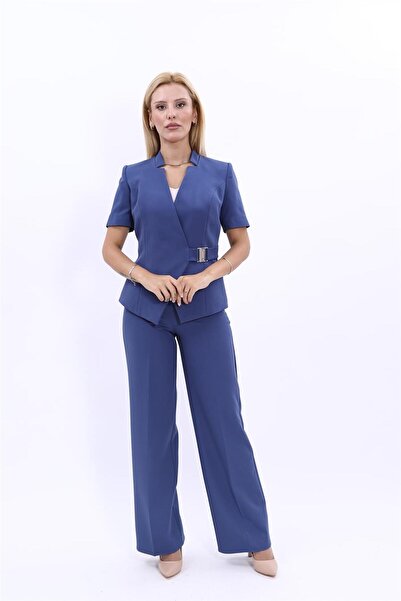 ÖNDER ÖZSOY Tokalı Kısa Kollu Ceket & Bol Paça Pantolon Takım-İndigo