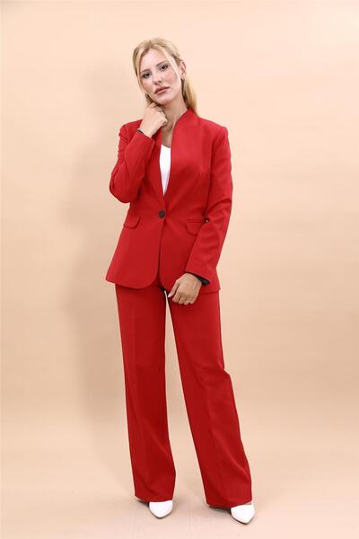 ÖNDER ÖZSOY Yakasız Ceket  & Bol Paça Pantolon Takım-Kırmızı