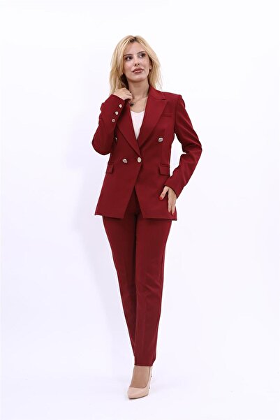 ÖNDER ÖZSOY Kurvaze Çapraz Ceket & Boru Paça Pantolon Takım-bordo