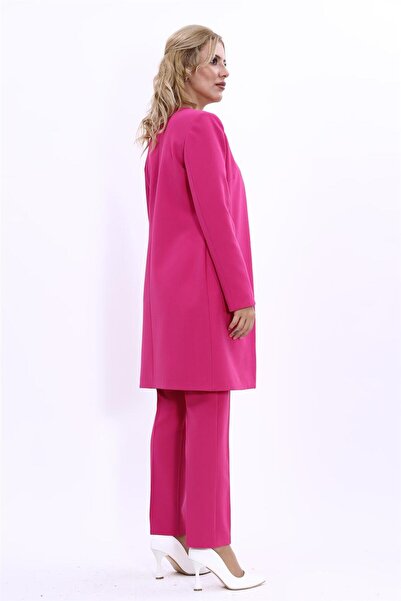 ÖNDER ÖZSOY Sıfır Yaka Düz Uzun Ceket & Dar Paça Pantolon-Fuşya