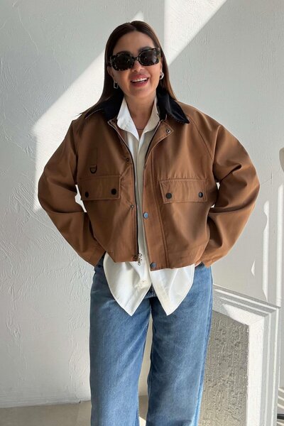 ELVAN TOLON Tan Velvet Collared Trenchcoat