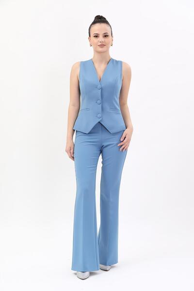 ÖNDER ÖZSOY Klasik Yelek & İspanyol Paça Pantolon Takım-Deniz