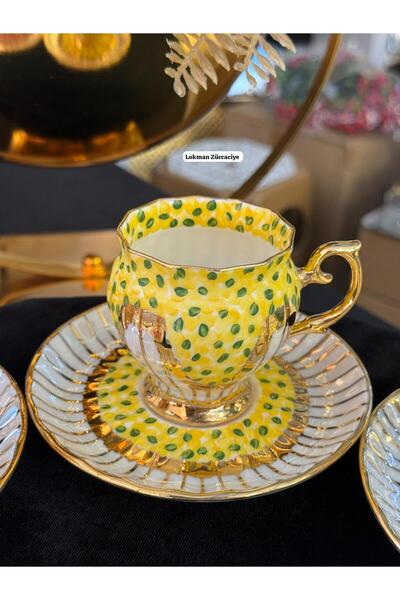 LOKMAN ZÜCCACİYE 6 KİŞİLİK EL BOYAMA 24K ORJİNAL ALTIN YALDIZLI RENKLİ KAHVE FİNCAN TAKIMI (MODEL4)