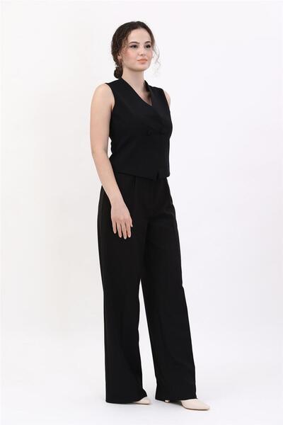 ÖNDER ÖZSOY Kruvaze Çapraz Yelek & Yüksek Bel Bol Paça Pantolon-Siyah