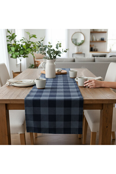 Bohem kutusu Blue Checkered Decorative Runner - 40 X 145 cm