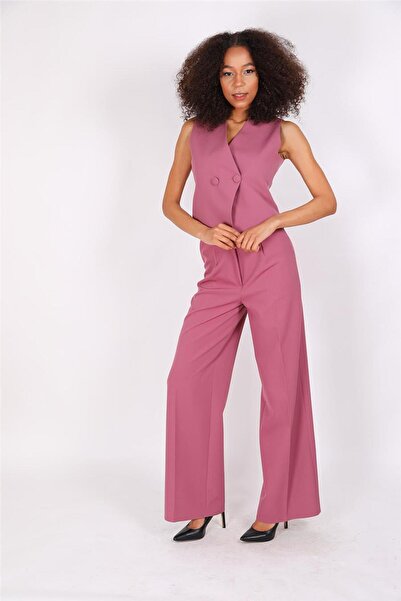ÖNDER ÖZSOY Kruvaze Çapraz Yelek & Yüksek Bel Bol Paça Pantolon-Rose