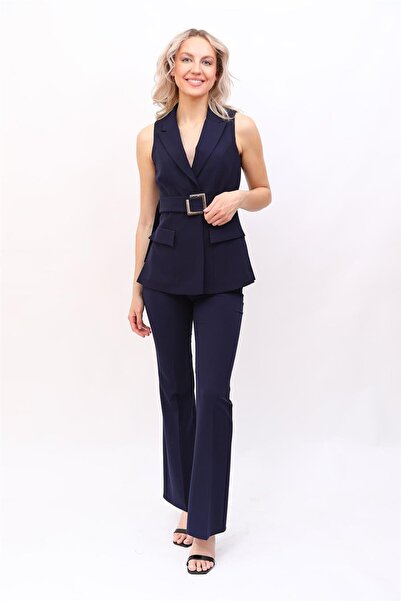 ÖNDER ÖZSOY Kemerli Klasik Yelek & İspanyol Paça Pantolon Takım-Lacivert