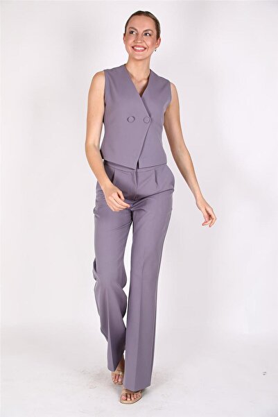 ÖNDER ÖZSOY Double-Breasted Cross Vest & High-Waisted Wide-Leg Trousers-Anthr...