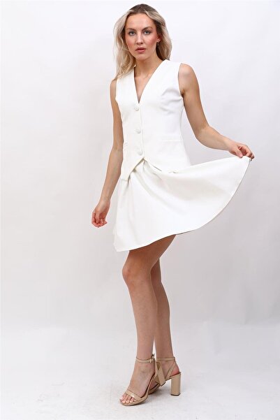 ÖNDER ÖZSOY Klasik Yelek & Kısa Kloş Etek Takım-Beyaz