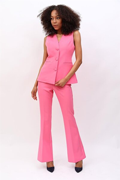 ÖNDER ÖZSOY Uzun Klasik Yelek & İspanyol Paça Pantolon Takım-Pembe