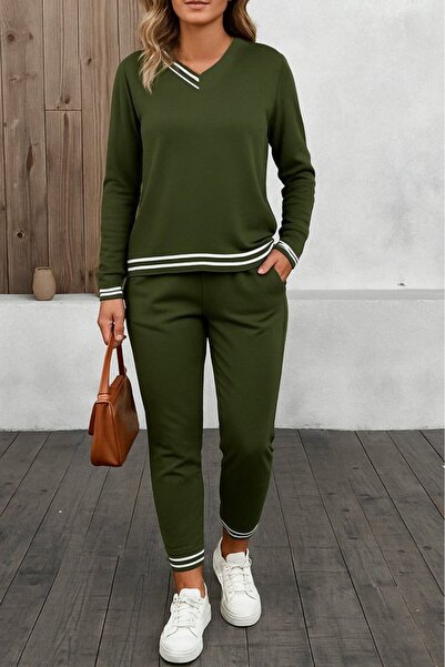 Gökyüzü Moda Women's Long Sleeve Rib Detail Viscose Two Thread Double Suit