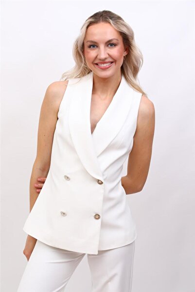 ÖNDER ÖZSOY Abiye Yelek & Bol Paça Pantolon Takım-Beyaz