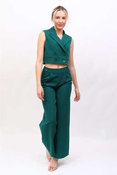 ÖNDER ÖZSOY Crop Vest & Buttoned Wide Leg Trousers Set - Emerald - 1524531