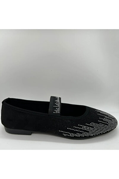 moda lussenta Siyah süet taş işlemeli bantlı babet