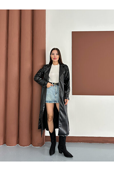 OTAKU Kadın Kruvaze Kapama Mevsimlik Suni Deri Trençkot