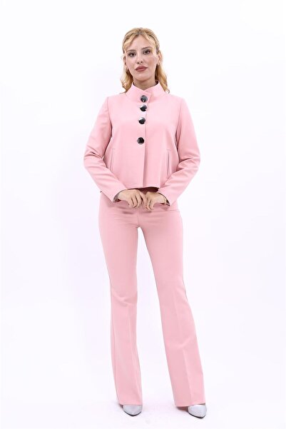 ÖNDER ÖZSOY Boydan Düğmeli Mini Ceket & İspanyol  Paça Pantolon Takım-Pudra