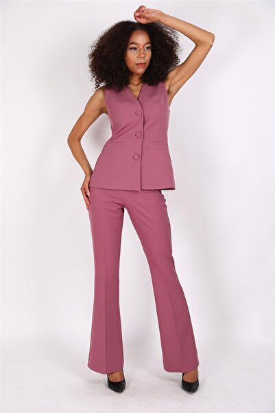 ÖNDER ÖZSOY Long Classic Vest & Spanish Flare Pants Set-Rose - 1516530