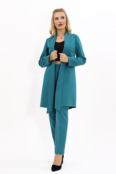ÖNDER ÖZSOY Shawl Collar Long Jacket & Skinny Leg Trousers - Petrol - 1001510