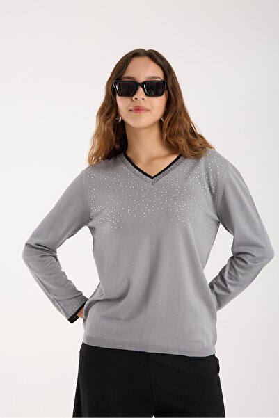 Moda Days Women's Gray Viscose Fabric Stone Detailed Contrast Glitter Piping V-Neck Knitwear Blouse
